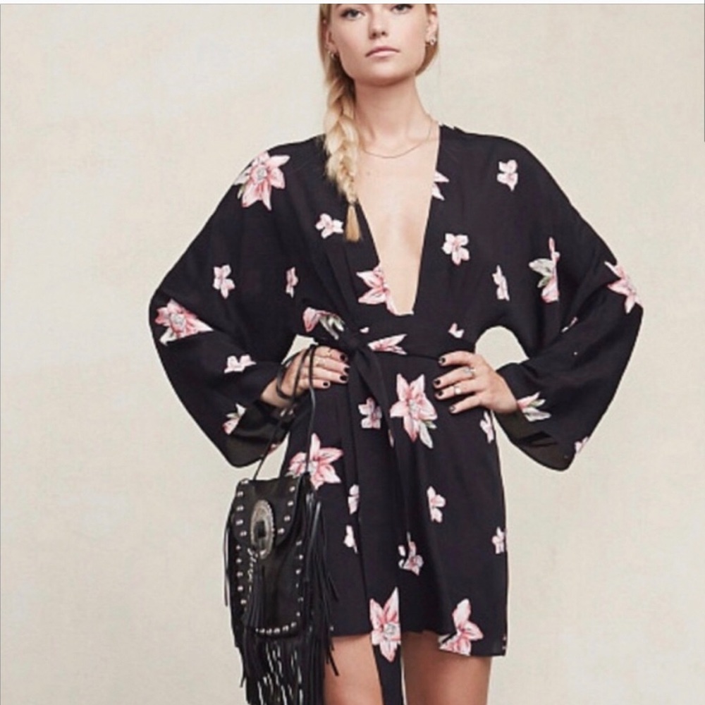 Reformation Black Kimono Fuji Mini Dress